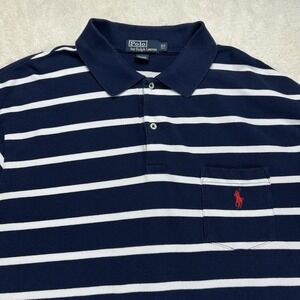 Polo Ralph Lauren Golf Shirt Mens XLT 47" Tall XL Navy Blue Striped Red Pony Vtg